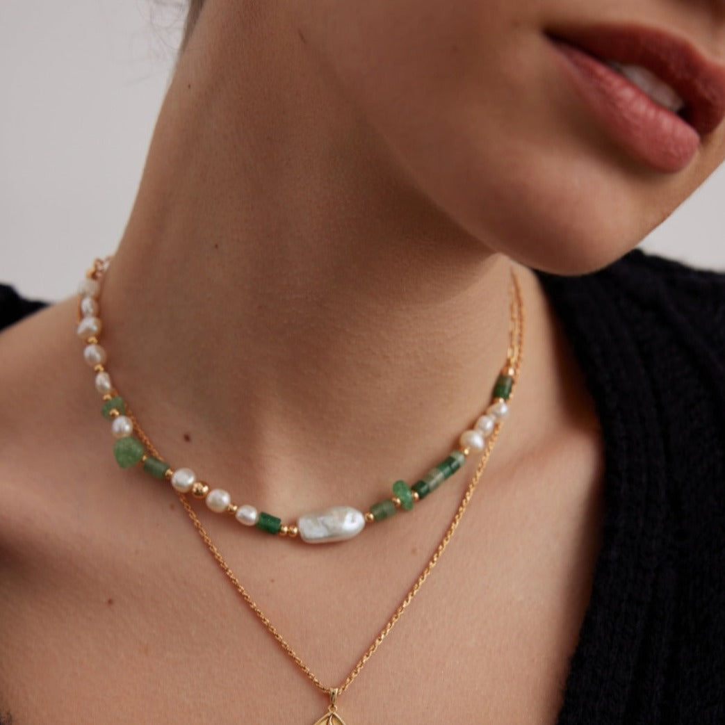 Pure Silver & Jade/Green Pearl Necklace